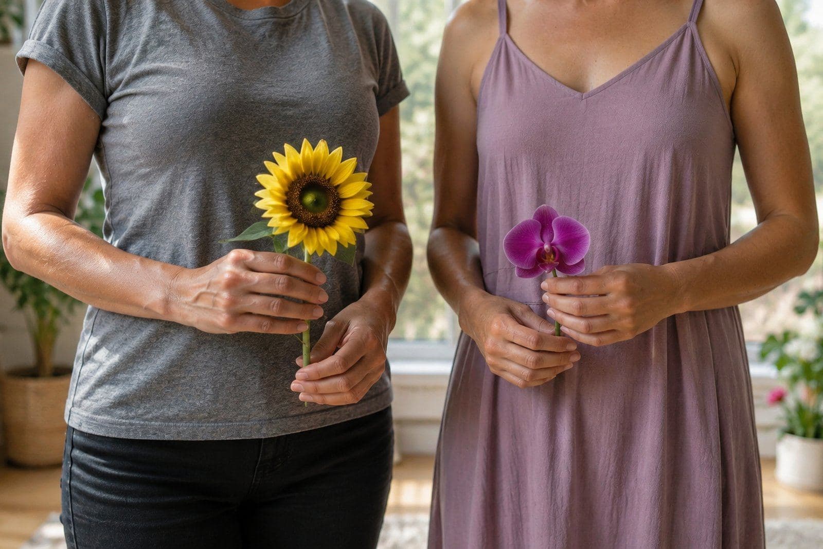 Dos mujeres una junto a la otra, cada una sosteniendo una flor distinta —un girasol y una orquídea—