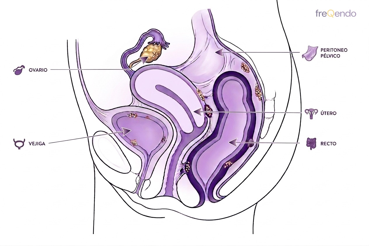 Diagrama de las localizaciones habituales de la endometriosis en la pelvis: ovario, peritoneo pélvico, útero, vejiga y recto