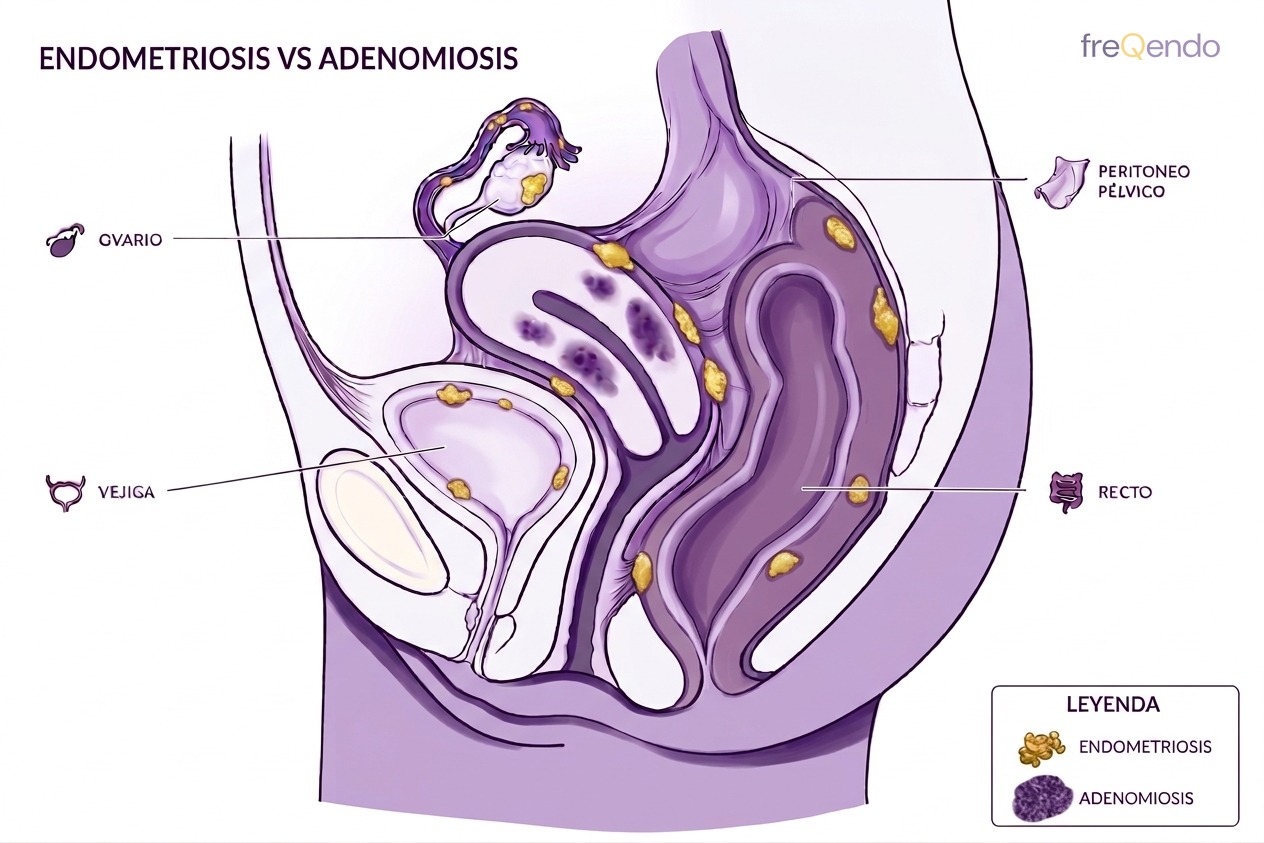 Diagrama comparativo de la localización anatómica de la endometriosis y la adenomiosis en la pelvis, con leyenda de colores para cada una